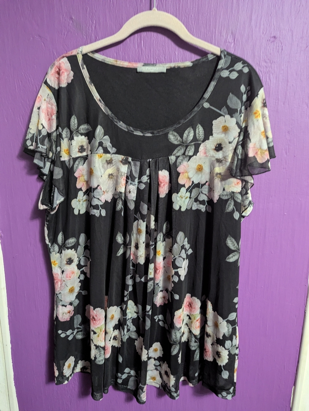 💜 Furnex Black Floral Pleated Mesh Lined Short Sleeve Blouse 3X 22 24